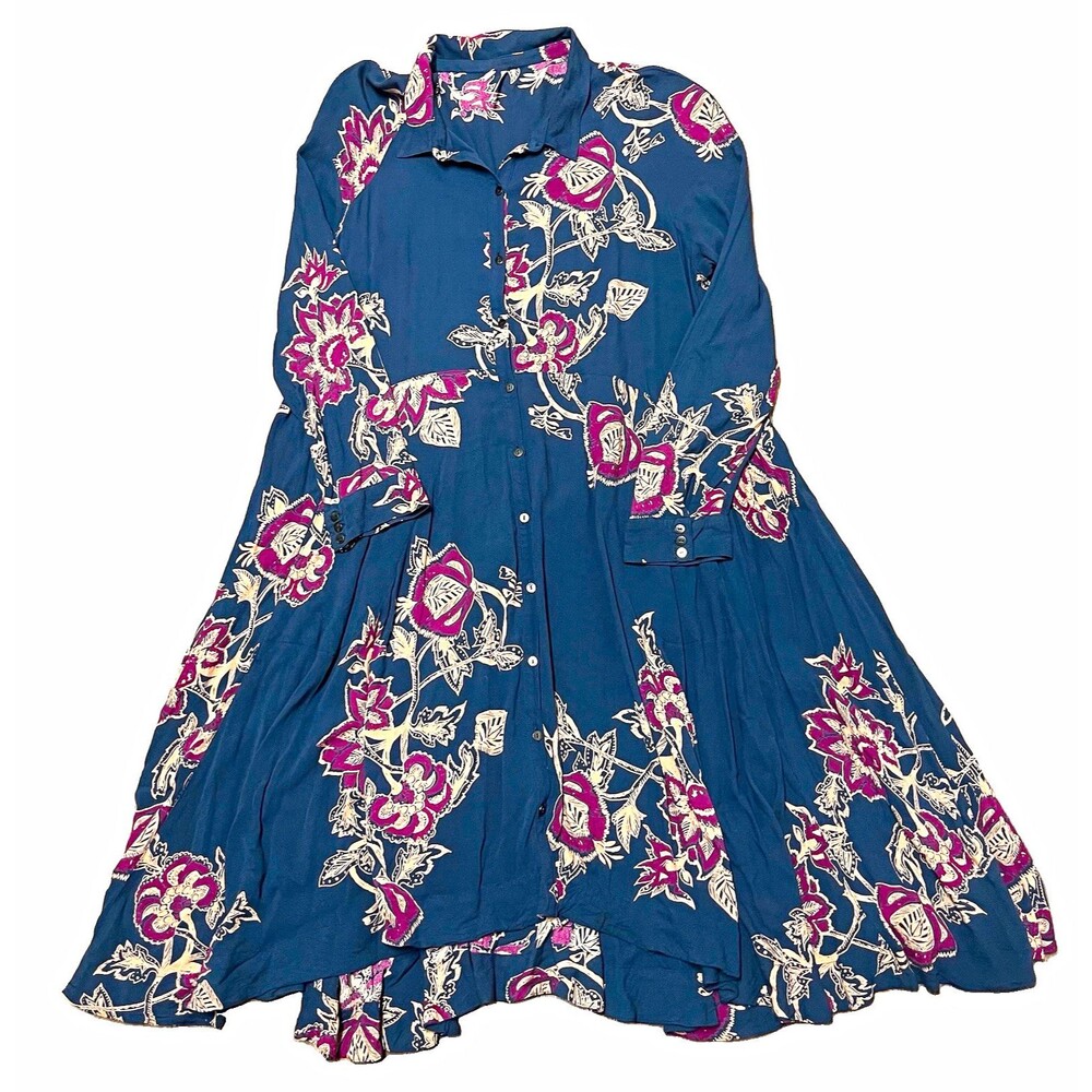 Free People Women’s Dress Size M Blue Floral Collared Button Front Midi Shirt